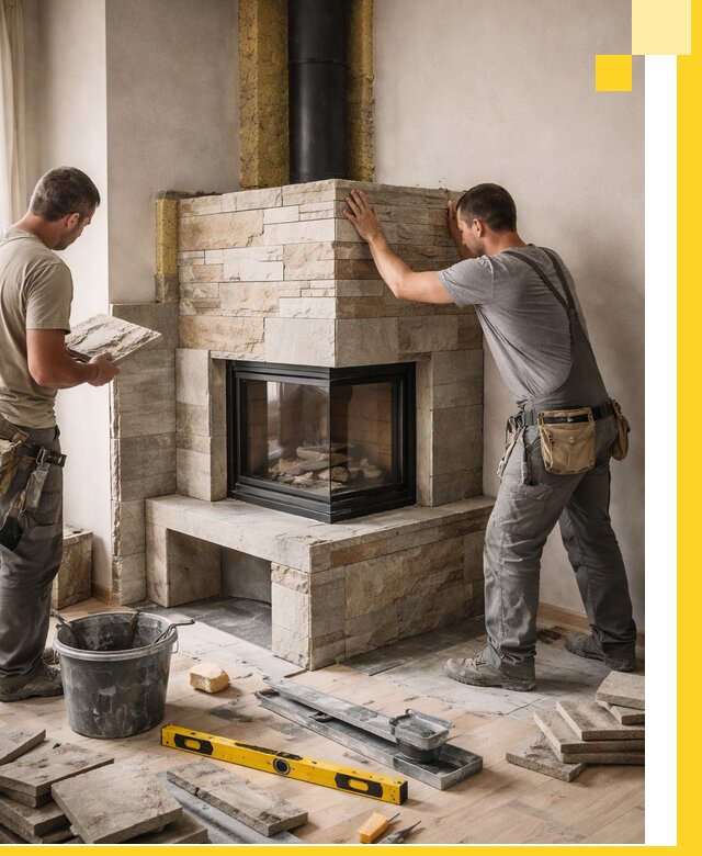 Угловые камины под ключ проект, монтаж и отделка в Альметьевске