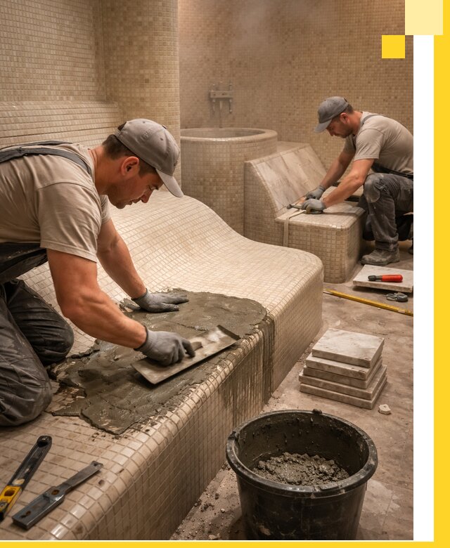 Лежаки для хамама под ключ в Альметьевске, проект и монтаж